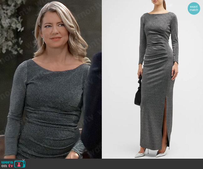 Chiara Boni La Petite Robe Bateau-Neck Shimmer Column Gown worn by Nina Reeves (Cynthia Watros) on General Hospital