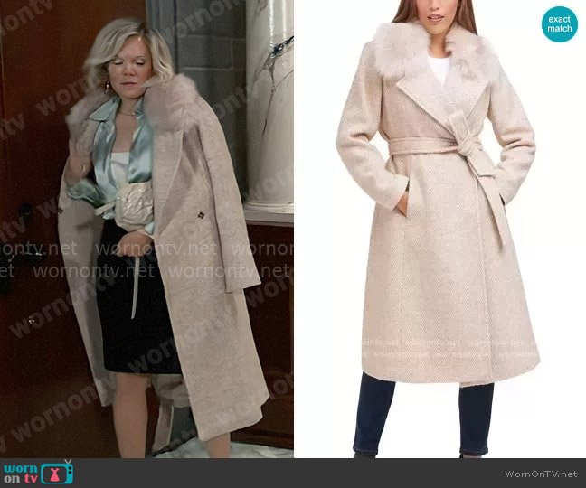 Cole Haan Herringbone Faux-Fur-Collar Belted Wrap Coat worn by Ava Jerome (Maura West) on General Hospital