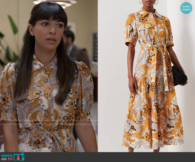 Derek Lam 10 Crosby Buffy Utility Dress in Orange Multi worn by Sam (Hannah Simone) on Not Dead Yet
