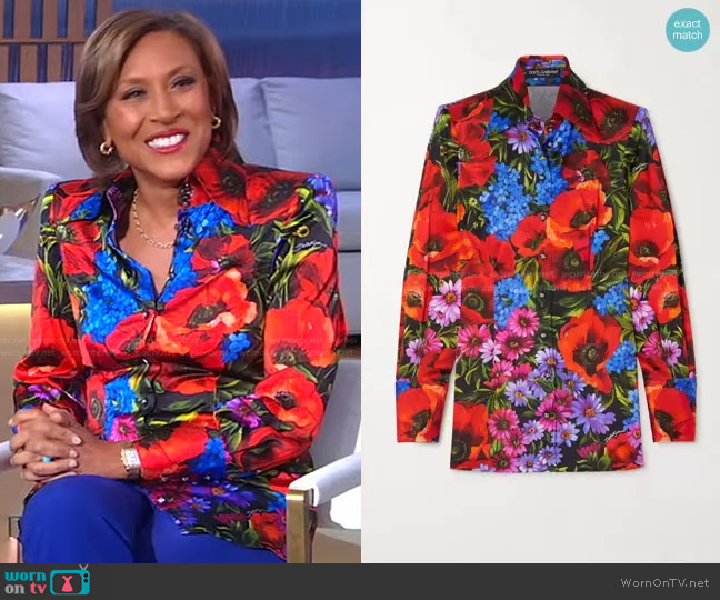 Dolce & Gabbana Floral-Print Satin Shirt worn by Robin Roberts on Good Morning America