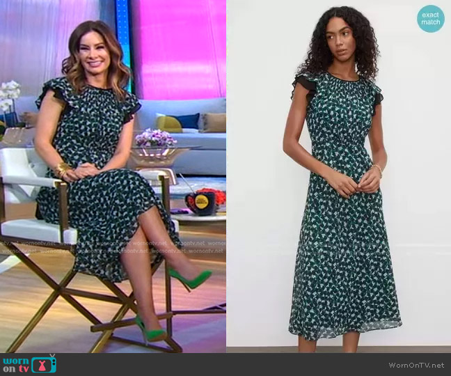 Club Monaco Drape Flutter Sleeve Printed Maxi Dress worn by Rebecca Jarvis on Good Morning America