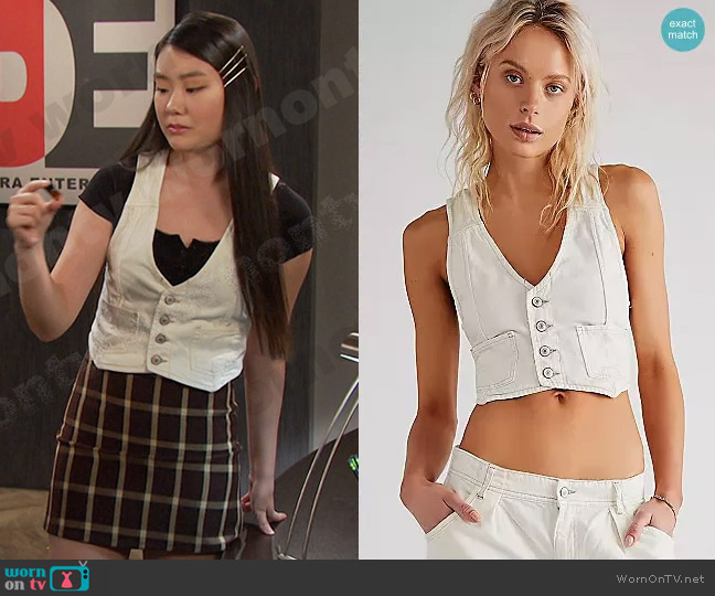 Free People Rider Denim Vest Suit in Ecru worn by Wendy Shin (Victoria Grace) on Days of our Lives