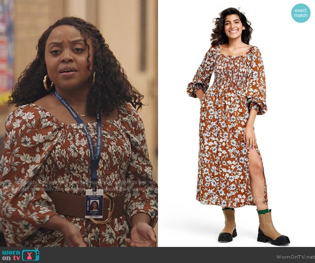 La Ligne x Target Floral Smocked Bodice Midi Dress worn by Janine Teagues (Quinta Brunson) on Abbott Elementary