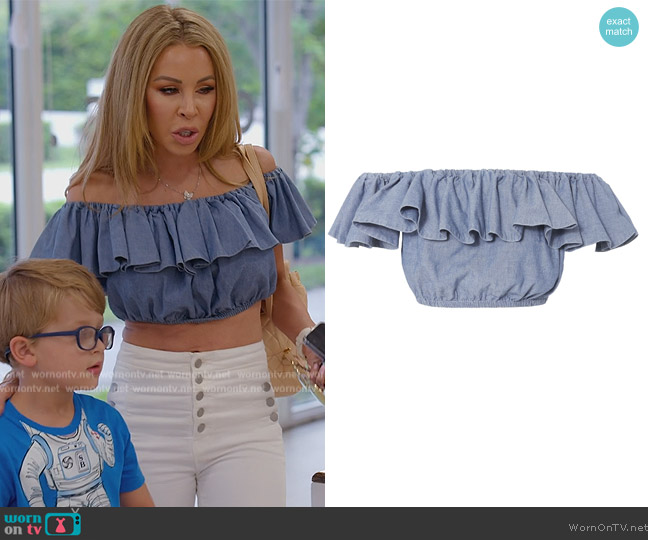 MDS Stripes Chambray Ruffle Top worn by Lisa Hochstein (Lisa Hochstein) on The Real Housewives of Miami