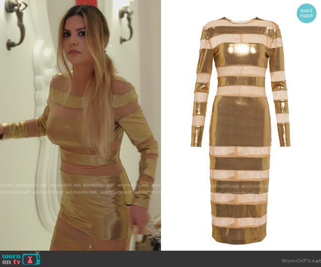 Norma Kamali Spliced mesh-paneled lamé midi dress worn by Adriana de Moura (Adriana de Moura) on The Real Housewives of Miami
