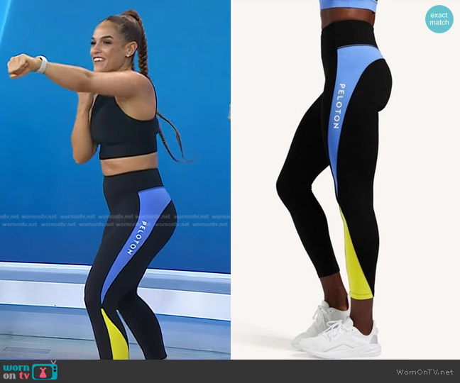Peloton Colorblock Speedy Leggings in Black/Blue/Neon Green worn by Jess Sims on Today