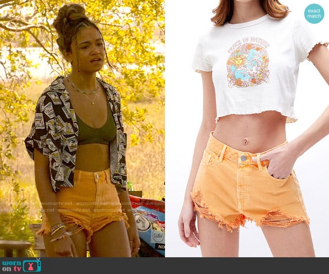 PacSun Eco Orange High Waisted Denim Festival Shorts worn by Kiara Carrera (Madison Bailey) on Outer Banks