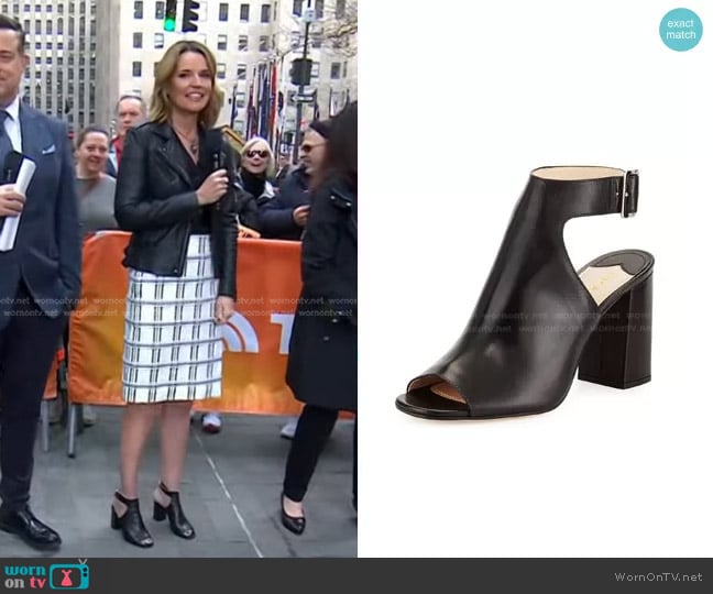Prada Leather Ankle-Wrap Sandal in Nero worn by Savannah Guthrie on Today