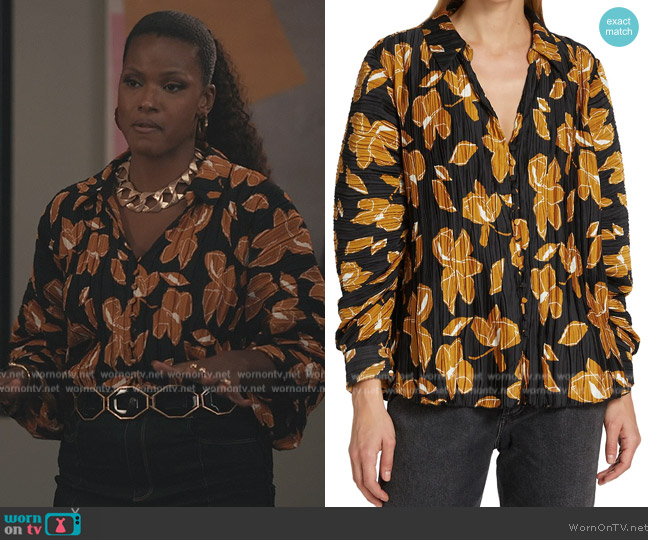 Simkhai Winslow Pleated Floral Shirt worn by Vivian Banks (Cassandra Freeman) on Bel-Air