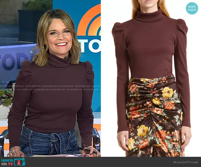 Veronica Beard Cedar Puff Sleeve Turtleneck Rib Top worn by Savannah Guthrie on Today
