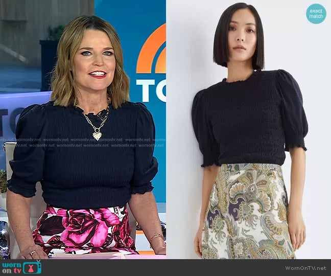 Veronica Beard Langston Smocked Top worn by Savannah Guthrie on Today