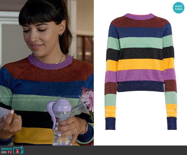Victoria Beckham Striped metallic sweater worn by Sam (Hannah Simone) on Not Dead Yet