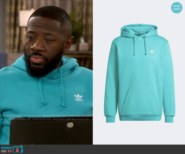 Adidas Adicolor Essentials Trefoil Hoodie in Semi Mint Rush worn by Malcom (Sheaun McKinney) on The Neighborhood