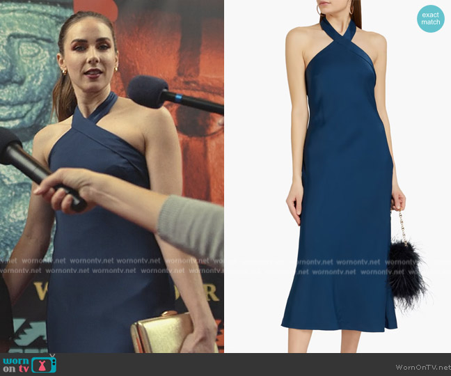 Aidan Mattox Satin halterneck midi dress worn by Agent Ross (Lyndon Smith) on National Treasure: Edge of History