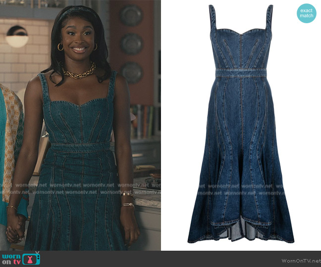 Alexander McQueen Corset-style fluted denim dress worn by Hilary Banks (Coco Jones) on Bel-Air