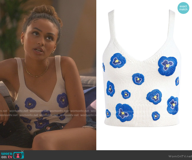 Alice + Olivia Brigida pansy-embroidered tank top worn by Kiela (Daniella Perkins) on Grown-ish
