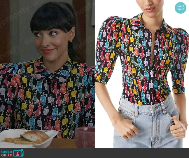 Alice + Olivia Willa Puff Sleeve Silk Top worn by Sam (Hannah Simone) on Not Dead Yet