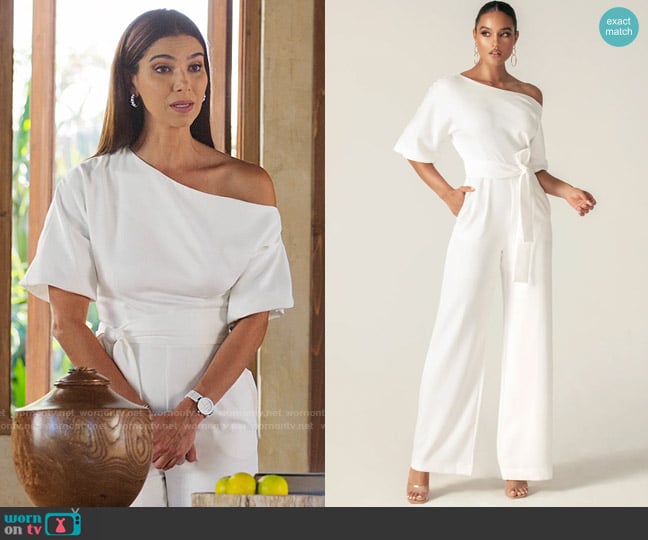 Alieva Ana Off Shoulder Belted Jumpsuit in Off White worn by Elena Roarke (Roselyn Sanchez) on Fantasy Island