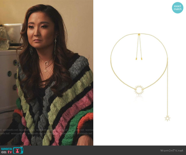 Soleil Adjustable Necklace with Double Sun Pendants worn by Mindy Chen (Ashley Park) on Emily in Paris