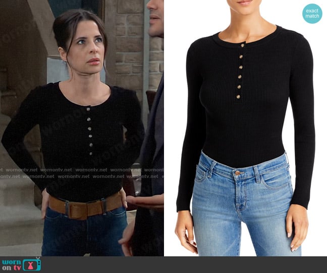 Aqua Henley Ribbed Knit Bodysuit worn by Sam McCall (Kelly Monaco) on General Hospital