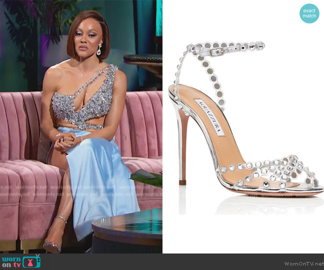 Aquazzura Tequila Crystal-Embellished Sandals worn by Ashley Darby on The Real Housewives of Potomac