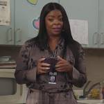 Ava’s gray floral sequin blouse and pants on Abbott Elementary