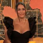 Nikki Bella’s black ruffle shoulder mini dress on The Drew Barrymore Show