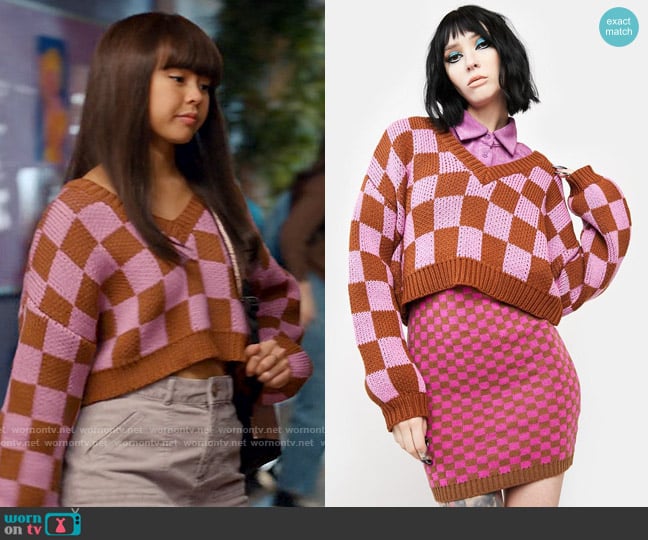 Your Move Checkerboard Sweater from Dolls Kill worn by Norah (Chelsea Clark) on Ginny & Georgia