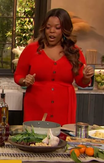 Brittany Williams’s red button down ribbed dress on The Drew Barrymore Show