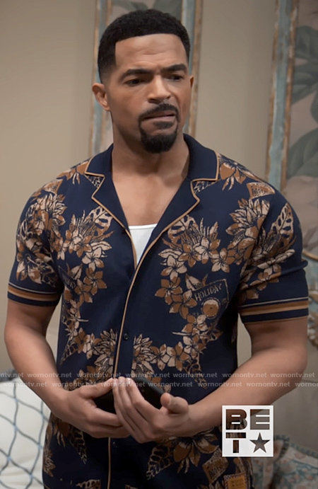 Calvin’s navy floral button down shirt on Tyler Perrys Sistas