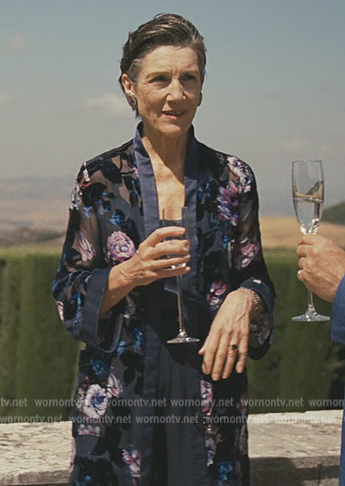 Caroline’s blue floral sheer robe on Succession