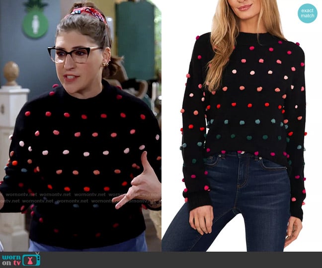 CeCe Mock Neck Rainbow Pom Pom Sweater worn by Kat Silver (Mayim Bialik) on Call Me Kat