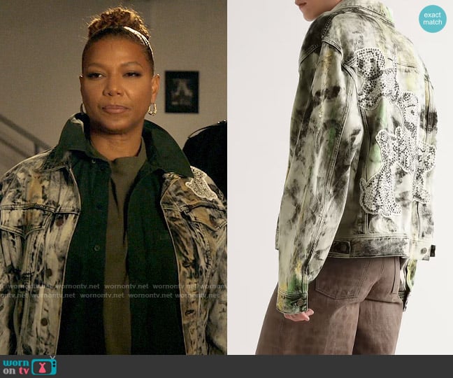 Celine Homme Crystal-Embellished Appliquéd Tie-Dyed Denim Jacket worn by Robyn McCall (Queen Latifah) on The Equalizer