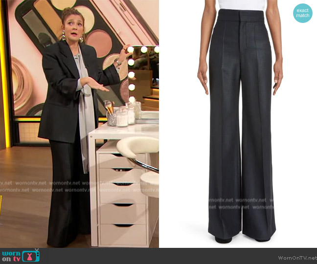 Chloe High Waist Armored Silk & Wool Wide Leg Pants worn by Drew Barrymore on The Drew Barrymore Show