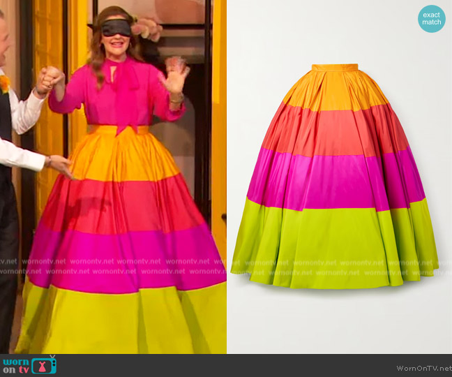 Christopher John Rogers Tiered striped silk-faille maxi skirt worn by Drew Barrymore on The Drew Barrymore Show