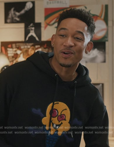 Damon’s black Ice cream patch logo hoodie on All American Homecoming