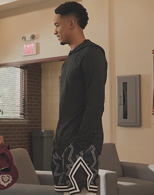 Damon’s black zig-zag print shorts on All American Homecoming