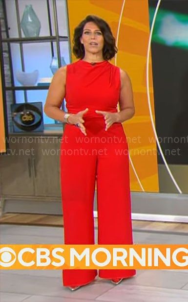 Dana Jacobson’s red sleeveless jumpsuit on CBS Mornings