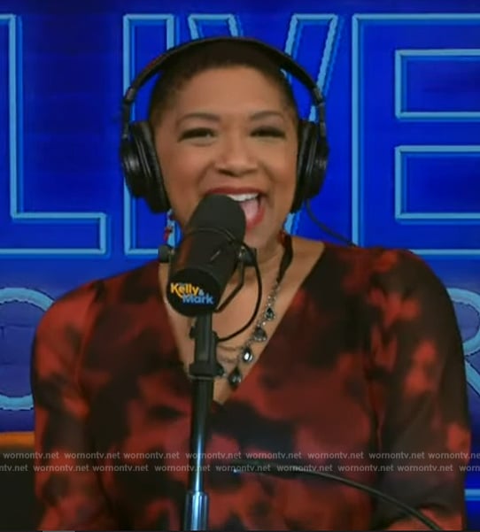 Deja Vu’s black floral pleated wrap dress on Live with Kelly and Ryan