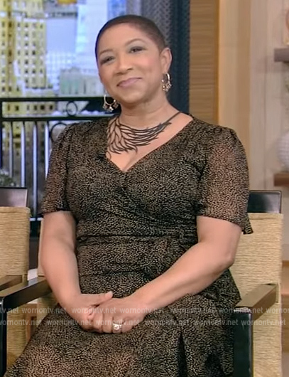 Deja Vu’s black spotted wrap dress on Live with Kelly and Ryan