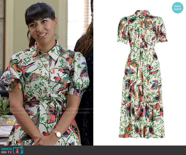 Derek Lam 10 Crosby Buffy Belted Bird-Print Shirtdress worn by Sam (Hannah Simone) on Not Dead Yet