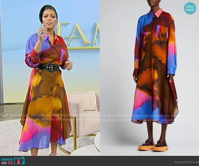 Dries Van Noten Watercolor Cotton Voile Midi Dress worn by Tamron Hall on Tamron Hall Show