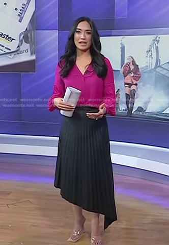 Emilie Ikeda’s pink blouse and black pleated skirt on Today
