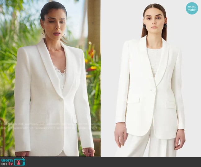 Emporio Armani Envers-satin, shawl-collar jacket worn by Elena Roarke (Roselyn Sanchez) on Fantasy Island