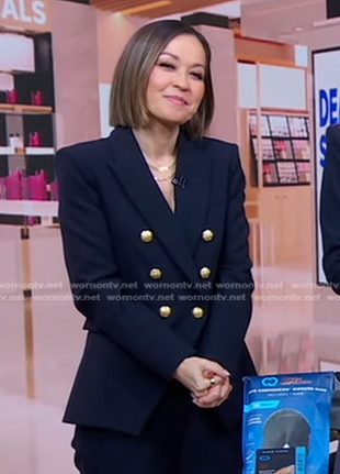 Eva’s navy blazer with gold buttons on Good Morning America
