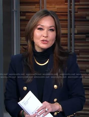 Eva’s navy blazer with gold buttons on Good Morning America
