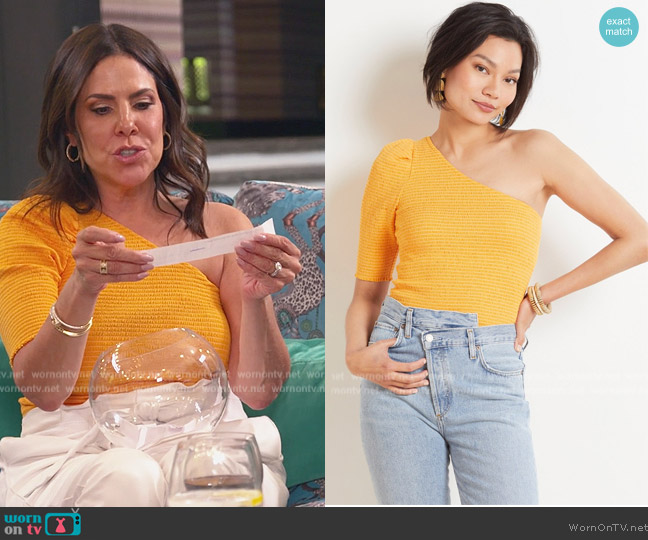 Nation Ltd Kirstie Smocked One Shoulder Top worn by Jennifer Fessler on The Real Housewives of New Jersey