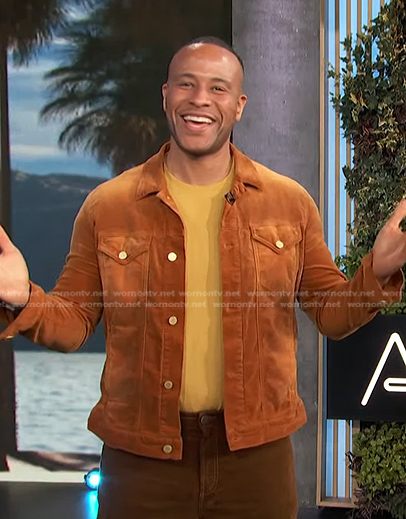 DeVon Franklin’s light brown velvet jacket on Access Hollywood