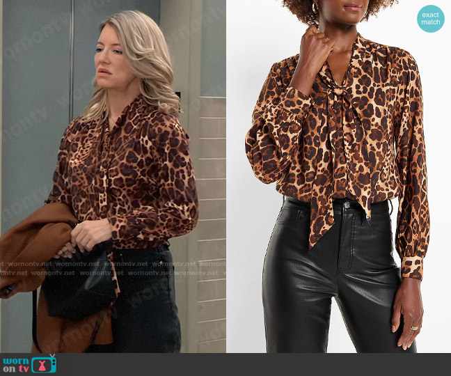 Express Leopard Print Long Sleeve Tie Neck Relaxed Portofino Shirt worn by Nina Reeves (Cynthia Watros) on General Hospital