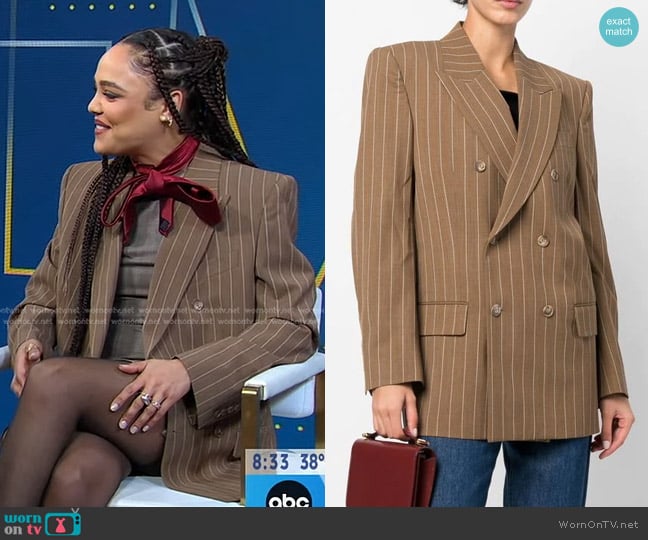 Filippa K Striped Double-Breasted Blazer worn by Tessa Thompson on Good Morning America